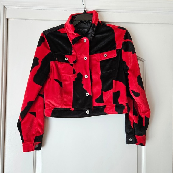 Express Jackets & Blazers - Express World Brand Jacket Cropped Red & Black Womens Large Velvety Velour Cow
